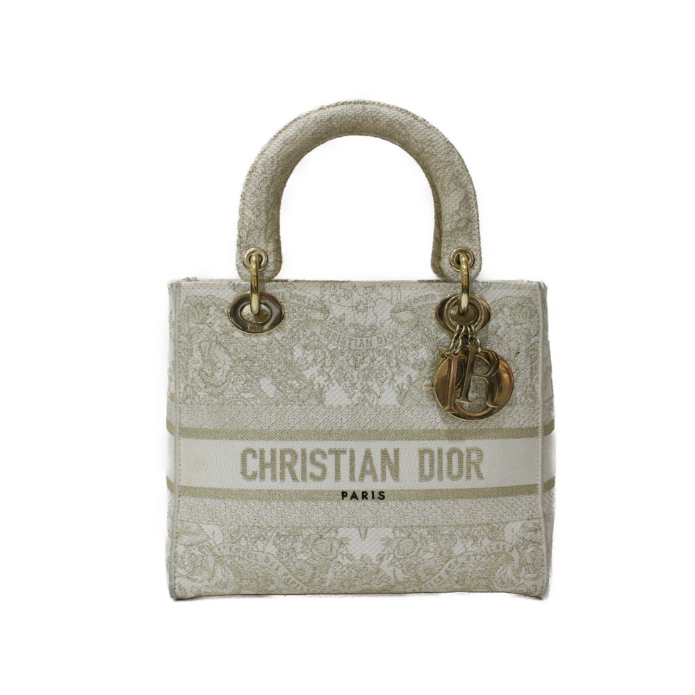 DIOR Lady D Lite Toile de Jouy Embroidery 2way Shoulder Bag White Gold